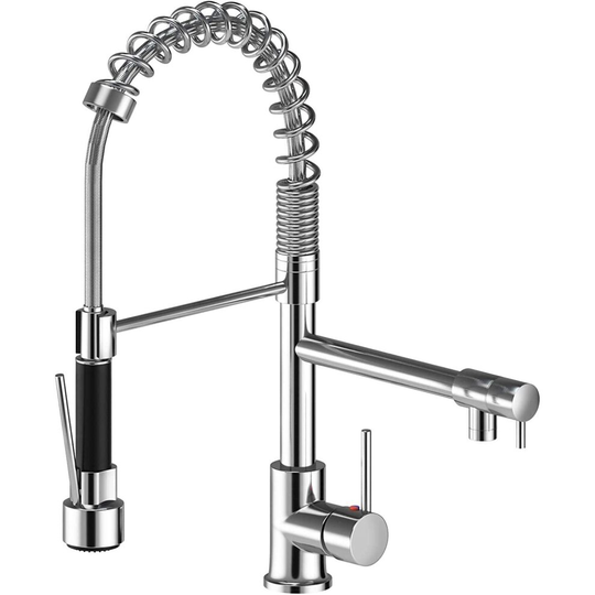 Kitchen Sink taps Pull Out Pull Down Sprayer Hot Cold Mixer Faucet, 2 Double Hole monobloc Brass Chrome Deck Mounted Flexible swan Neck Hose Modern