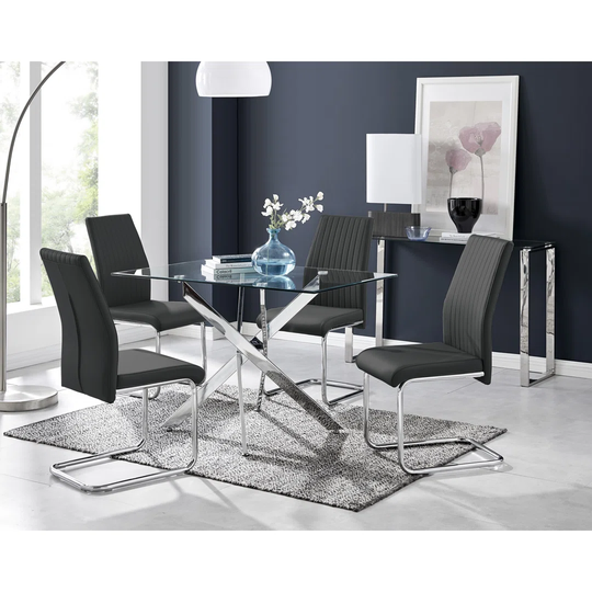 Leonardo Black Leg Glass Dining Table & 4 Black Lorenzo Chairs