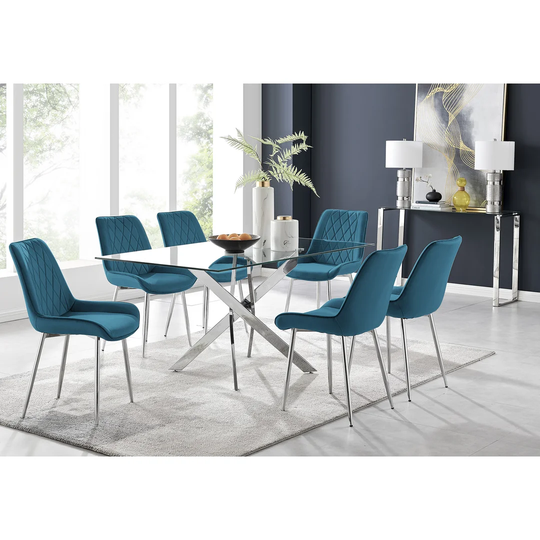 Chowchilla 6 Dining Table And 6 Blue Silver Leg Chairs