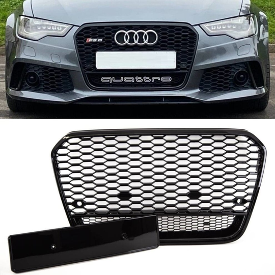 Audi A6 S6 2011-2015 Front Main Grille With PDC Gloss Black Honeycomb RS6 Look Badgeless