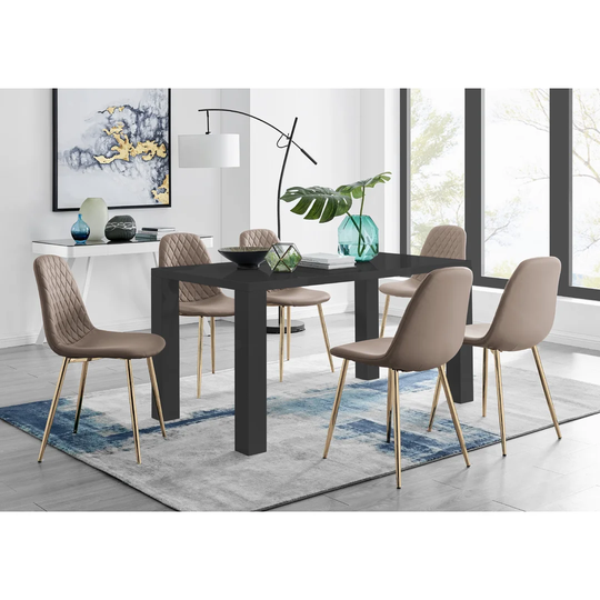 Chowchilla 6 Black Dining Table And 6 Cappuccino Gold Leg Chairs
