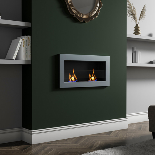 (90CM Anthracite) Indoor Wall Mounted Recessed Bio Ethanol Fireplace Realistic Flame