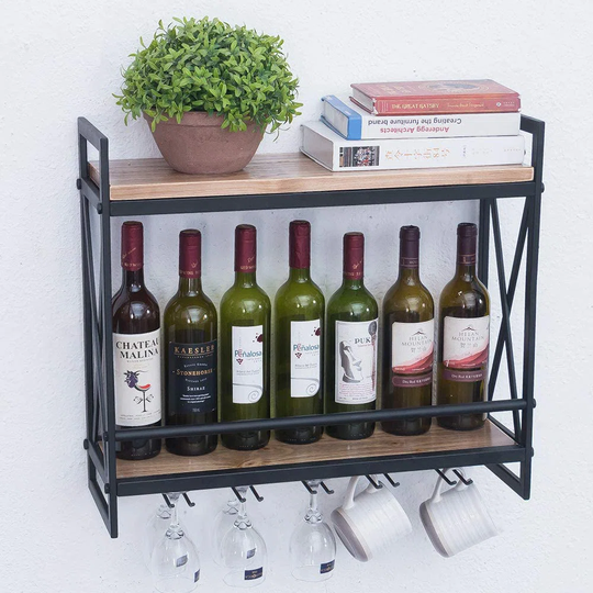 Industrial Wine Racks Wall Mounted With 6 Stem Glass Holder,23.6In Rustic Metal Hanging Wine Holder Wine Accessories,2-Tiers Wall Mount Bottle Holder