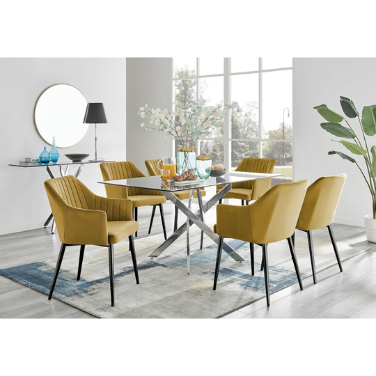 Leonardo Glass And Chrome Dining Table & 6 Mustard Calla Black Leg Velvet Chairs