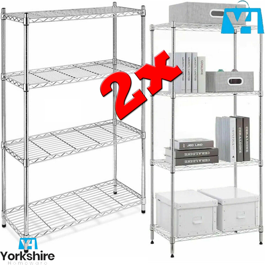 2 x 4 TIER METAL STORAGE RACK SHELVING SILVER SHELF KITCHEN OFFICE UNITS STAND