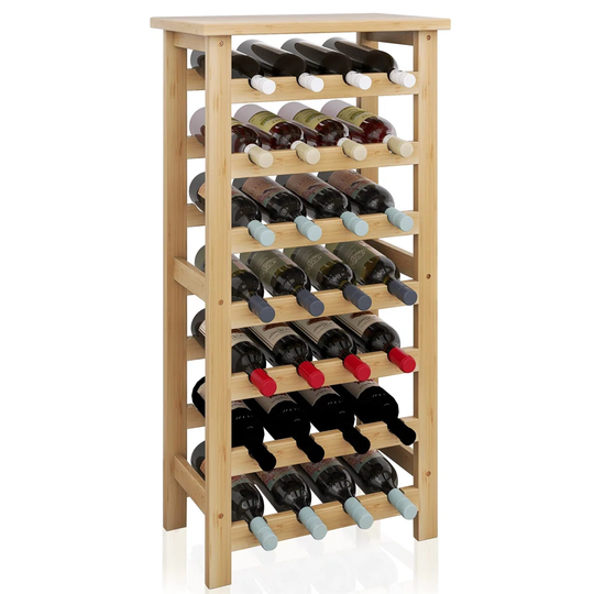 Bamboo Wine Rack, 28 Bottles Display Holder With Table Top, 7-Tier Free Standing Storage Shelves For Kitchen, Pantry, Cellar, Bar (Black)