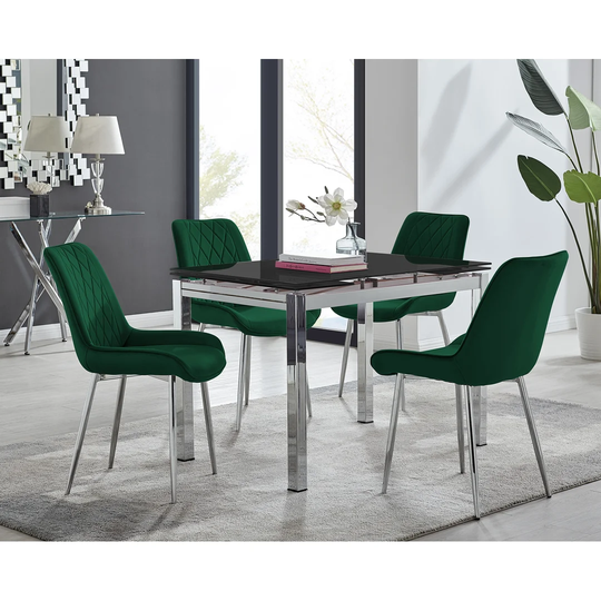 Enna Black Glass Extending Dining Table And 4 Green Pesaro Silver Leg Chairs