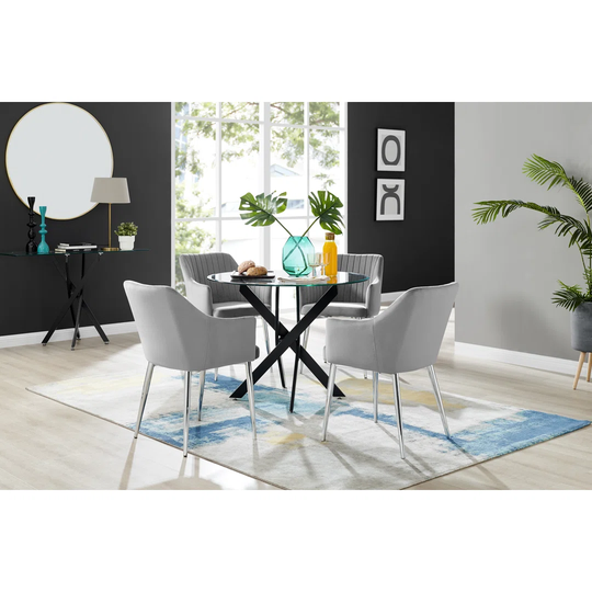 Novara Black Leg Round Glass Dining Table & 4 Grey Calla Silver Leg Chairs