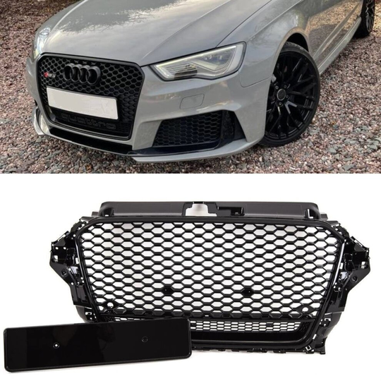 Audi A3 S3 2012-2016 Front Main Grille Gloss Black Honeycomb RS3 Quatrro Look Badgeless