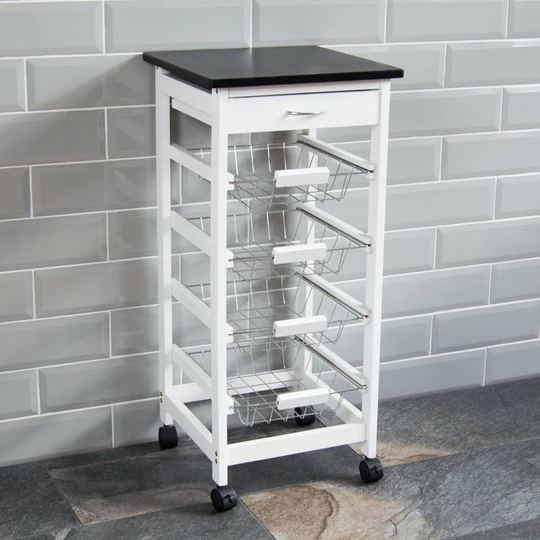 4 Tier Kitchen Trolley Cart Storage Baskets Drawer, Pine, White