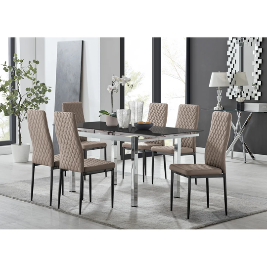 Enna Black Glass Extending Dining Table And 6 Cappuccino Milan Black Leg Chairs