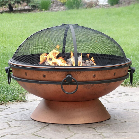 Large Round Copper Fire Pit & BBQ with Grill, Handles & Spark Screen