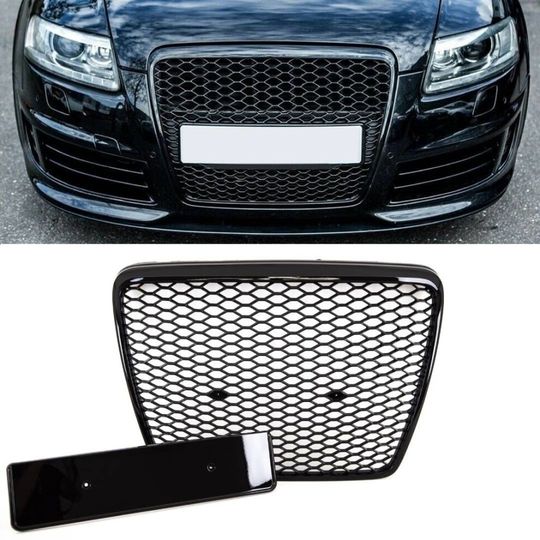 Audi A6 C6 2004-2009 Front Main Grille Gloss Black Honeycomb RS6 Look Badgeless