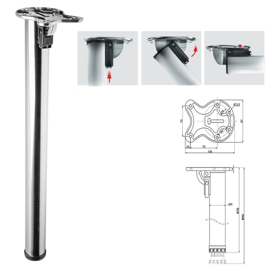2x 870mm Folding Brushed Chrome Breakfast Bar Worktop Support Table Leg 50mm Dia