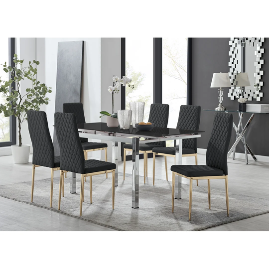 Enna Black Glass Extending Dining Table And 6 Black Gold Leg Milan Chairs