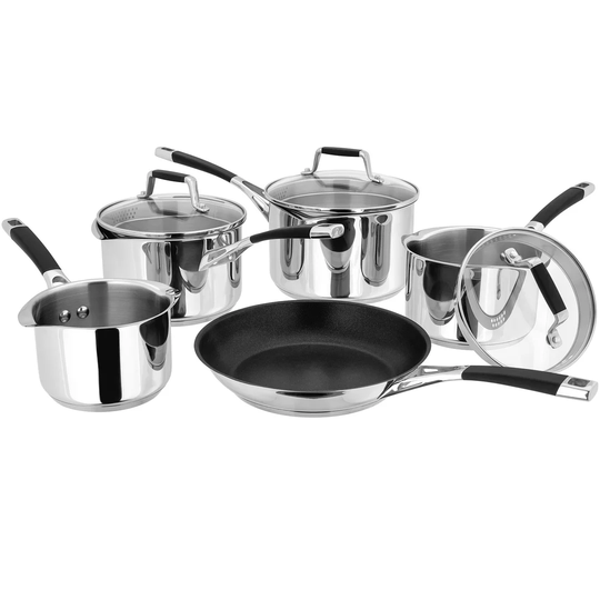 Stellar Induction, Set of 5 Stainless Steel Saucepans with Glass Draining Lids, 14cm Milk Pan, 16/18/20cm Saucepans, 24cm Non-Stick Frying Pan