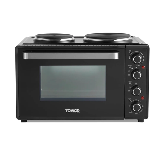 Tower T14044 Mini Oven with Dual Hot Plates, Adjustable Temperature Control, 90 Minute Timer, Baking Tray and Wire Rack, Black with Silver Accents, 32