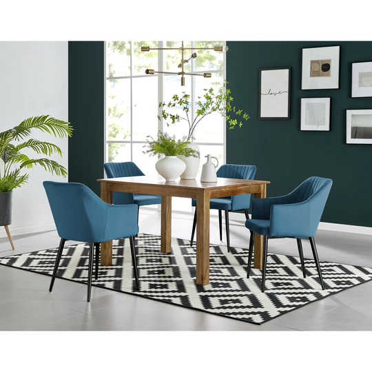 Anders Honey Solid Wood Dining Table & 4 Blue Calla Black Leg Chairs
