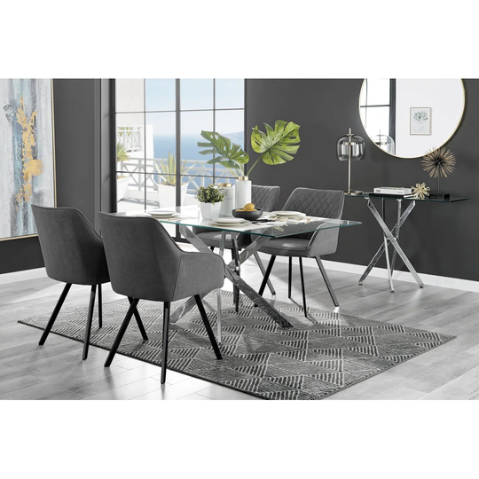 Leonardo Glass And Chrome Dining Table & 4 Dark Grey Falun Black Leg Chairs