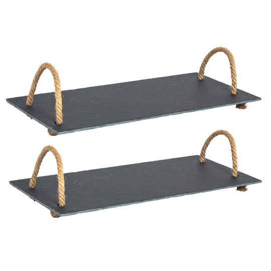 Argon Tableware Slate Serving Tray With Rope Handles - 40Cm X 20Cm - Grey - Pack Of 2