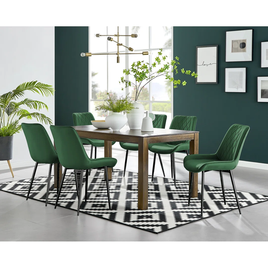 Anders Dark Walnut Solid Wood Dining Table & 6 Green Pesaro Black Leg Chairs
