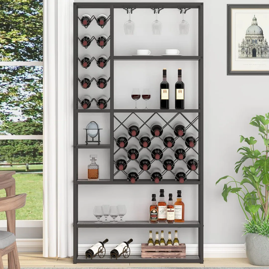 Industrial Wine Rack Freestanding Floor, Farmhouse Tall Coffee Bar Cabinet With Storage, Wood Metal Stackable Bakers Rack, Modern Buffet Cabinet For H
