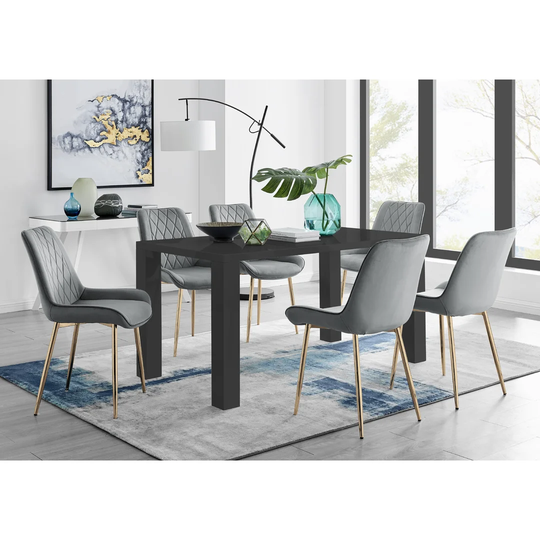 Pivero 6 Black Dining Table And 6 Grey Pesaro Silver Leg Chairs