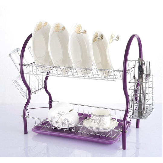 Vinsani Contempo 2 Tier Drainer Rack Drip Tray Holder Dishes Cutlery Cup Purple