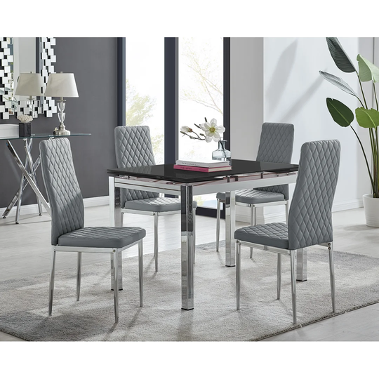 Enna Black Glass Extending Dining Table And 4 Grey Milan Chairs