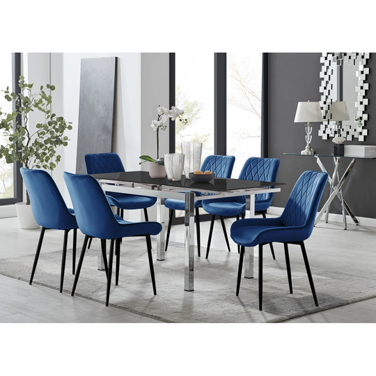 Enna Black Glass Extending Dining Table And 4 Mustard Pesaro Silver Leg Chairs