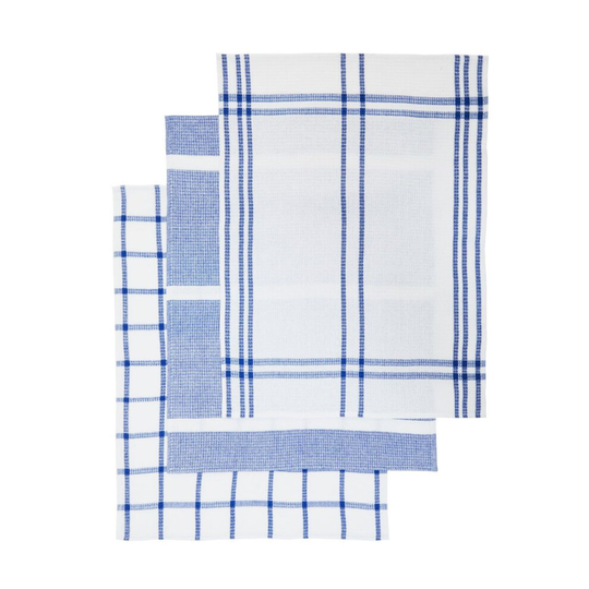 DORO SET OF THREE WAFFLE BLUE AND WHITE TEA TOWELS