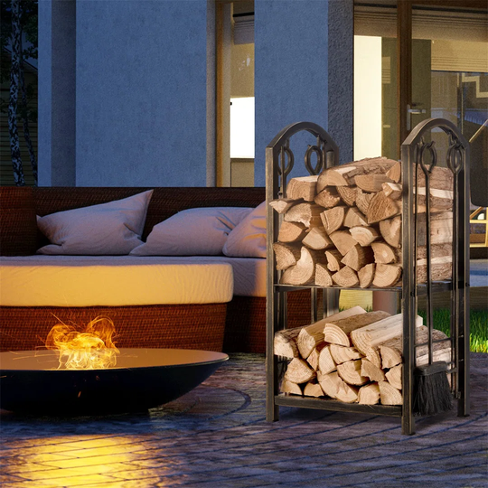 Fireplace Firewood Log Rack With Tool Sets Indoor Wood Holders Fireplace Outdoor Lumber Storage Stacking Stove Wrought Iron Large Logs Bin Fireside Fi