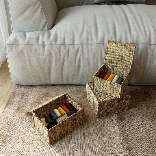 Set Of 2 Nesting Wicker Cube Storage Boxes With Lids And Metal Steel Frame, Straw Wire Woven Square Storage Basket Organiser For Home, Kids, Toys, Sma