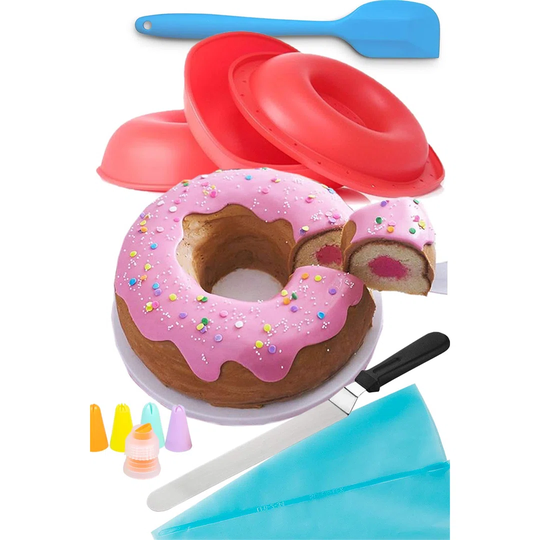 Giant Donut Baking Kit - Nonstick Silicone Giant Doughnut Cake Pan Baking And Decorating Supplies Bundle. Stay Home And Bake Gift Set