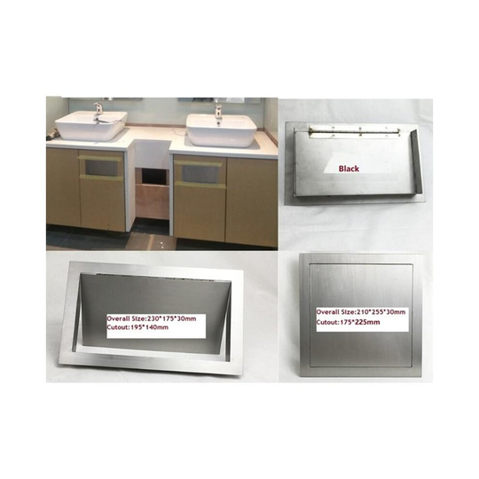 (W230H175mm) 304 Stainless Steel Wall Side Mount Flush, Recessed Built-in Swing Flap Lid Cover Trash Bin Garbage