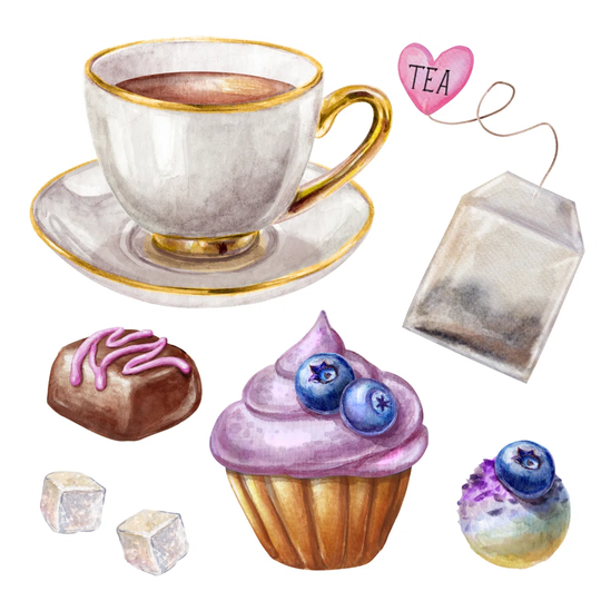 Watercolor Illustration, Porcelain Tea Cup, Blueberry Cupcake, Chocolate Truffle, Biscuit Isolated On White Background