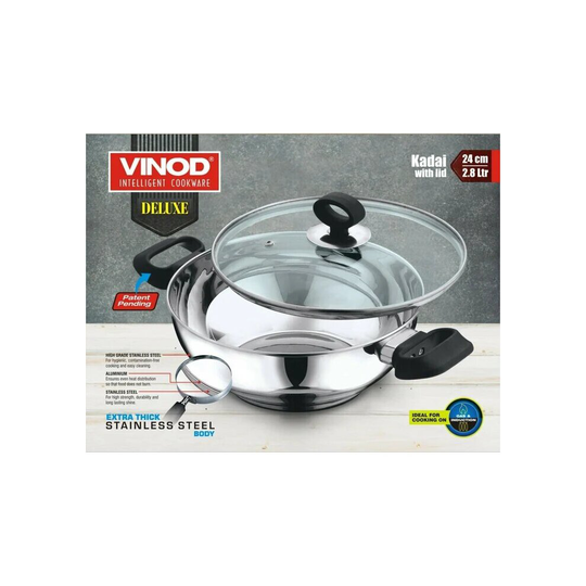 (26 cm / 3.8 L) Vinod Stainless Steel Induction Base Deluxe Kadai Wok Frypan