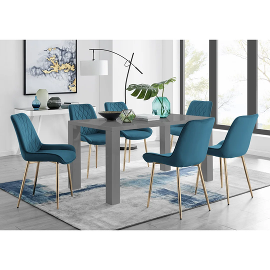 Pivero 6 Grey Dining Table And 6 Blue Pesaro Gold Leg Chairs