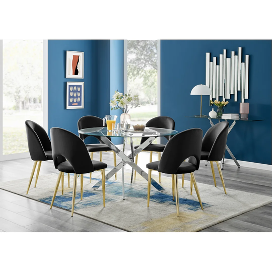 Novara 120Cm Round Glass Dining Table & 6 Black Arlon Gold Leg Chairs