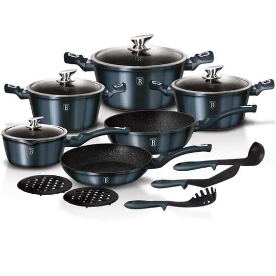(Aquamarine ) 15 Pc Aluminium Non Stick Pots Pans Induction