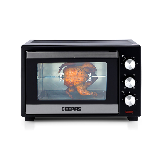 Geepas 30L Mini Oven Grill Electric Oven with Rotisserie Cooker 1600W 60 Minutes Timer 6 Selectors for Baking, Roasting & Grilling, Double Glass Door