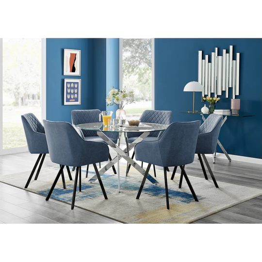Novara 120Cm Round Glass Dining Table & 6 Blue Falun Black Leg Chairs
