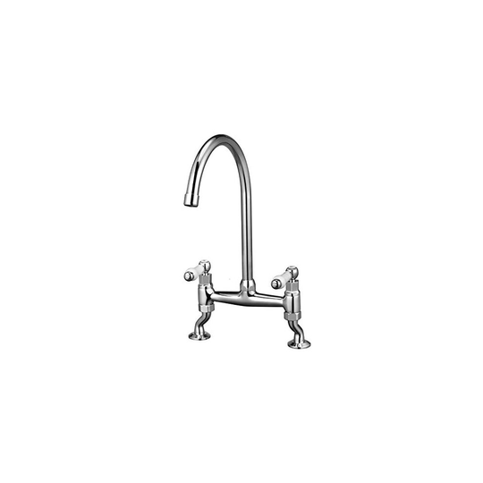 Traditional Kitchen Sink Bridge Mixer Tap Dual Ceramic White Handle Monobloc Tap Swivel Spout Chrome