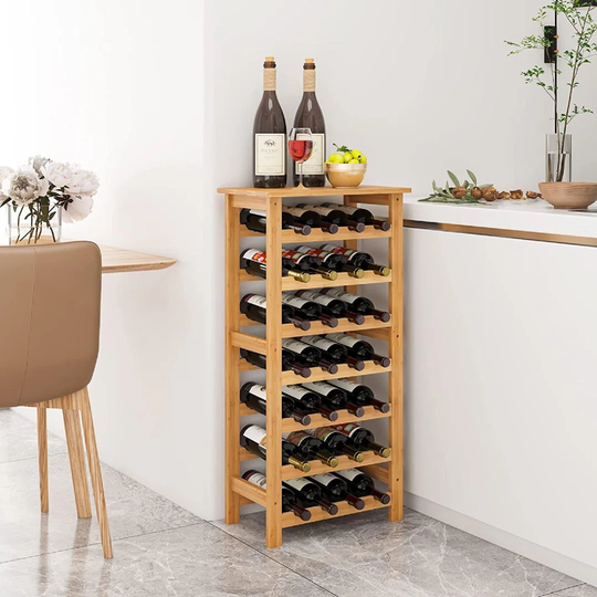 Bamboo Wine Rack 7-Tier 28 Bottles Capacity Freestanding Wine Holder Display Storage Shelf For Kitchen Dining Room 472494Cm