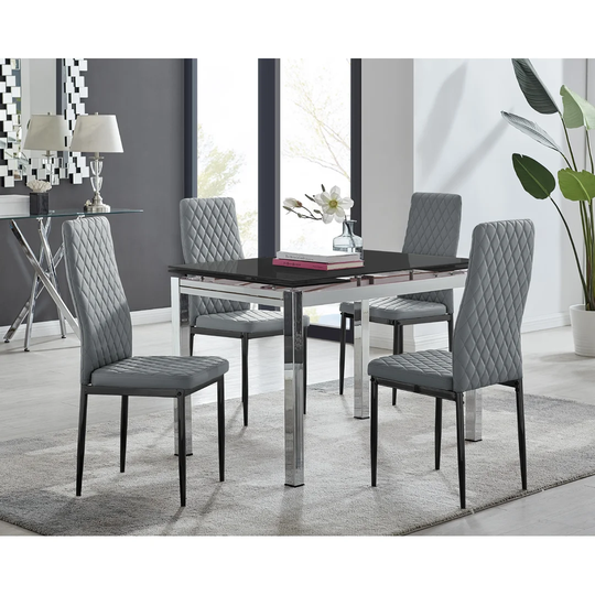 Enna Black Glass Extending Dining Table And 4 Grey Milan Black Leg Chairs