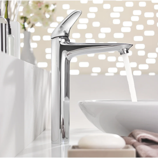 GROHE Eurostyle Solid single-lever basin mixer, sturdy metal handle, chrome finish, smooth body, XL-size, best for free-standing vessel basins. Water-