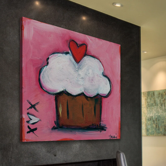 Pink Heart Cupcake by Tori Campisi - Wrapped Canvas Painting Print