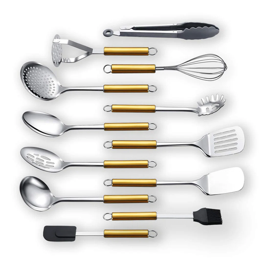 Stainless Steel Cooking Utensil Sets 12 Pieces, Gold Handle Kitchen Utensil Set Kitchen Tool Set Include Cooking Spoon, Ladle, Skimmer, Potato Masher,