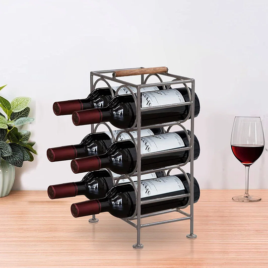 17-Inch Industrial Wine Rack Holder, Rectangular Iron Frame, 6 Bottle Storage, Gunmetal Gray