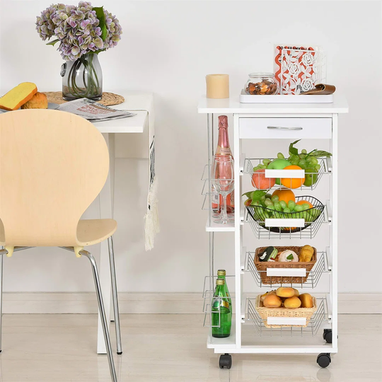 Rolling Kitchen Cart, Utility Storage Cart With 4 Basket Drawers & Side Racks, Wheels For Dining Room